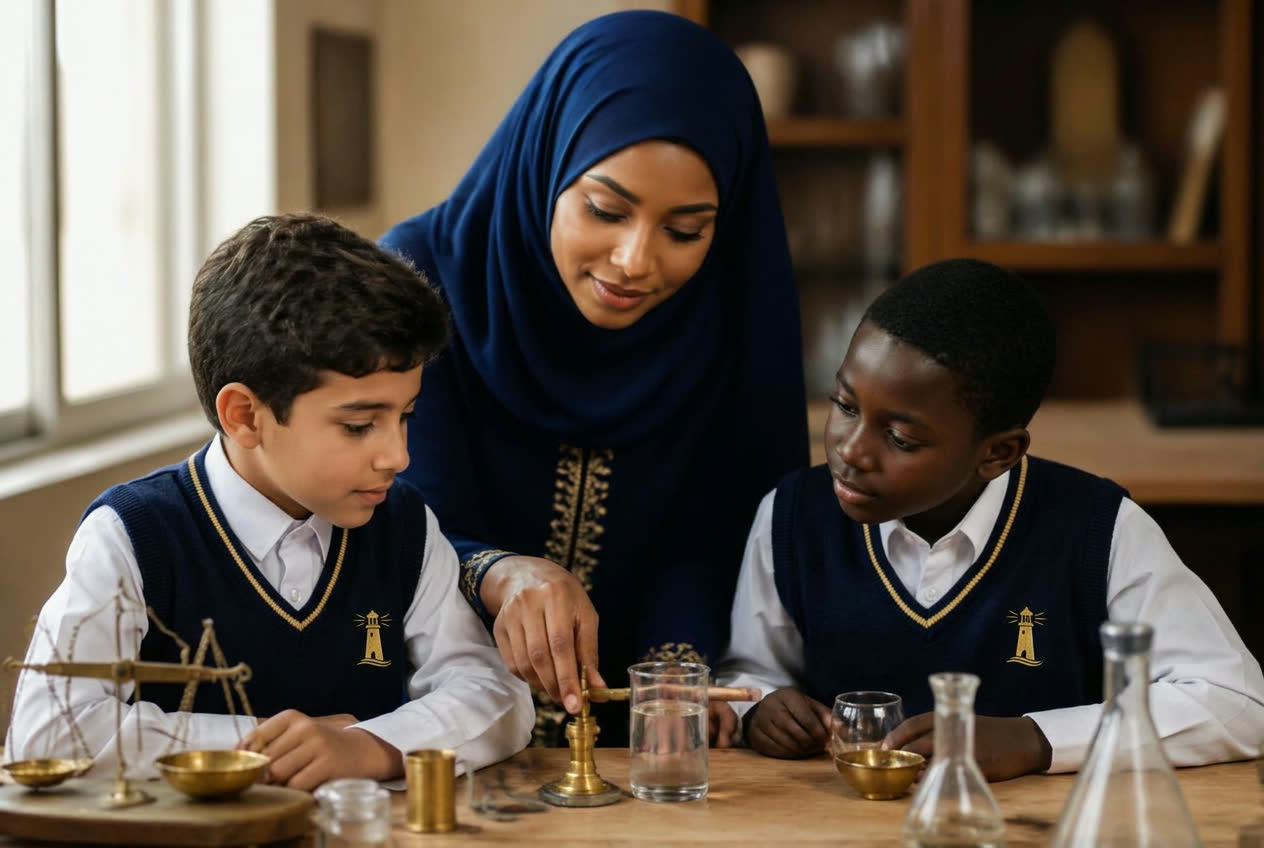 A Sudanese teacher mentoring two Lighthouse students — one Arab, one African — through a science experiment with brass instruments
